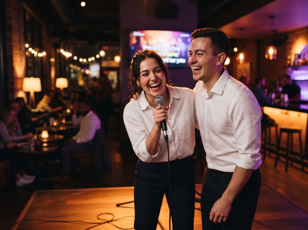 Coworkers laughing during a corporate karaoke event in Carlsbad