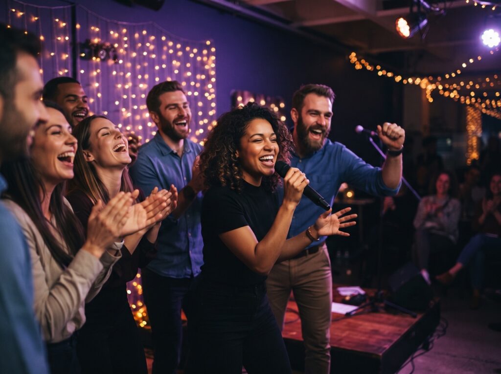 Coworkers cheering for a colleague singing karaoke in Burbank
