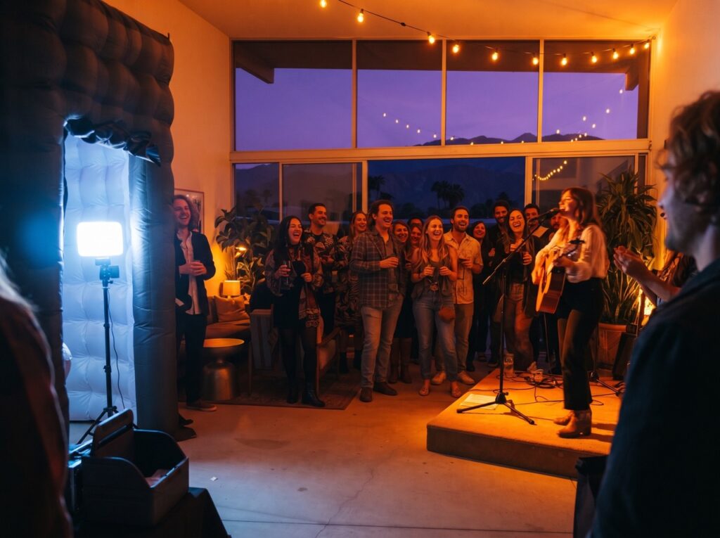 Crowd watching a live singer at a Palm Springs karaoke lounge event