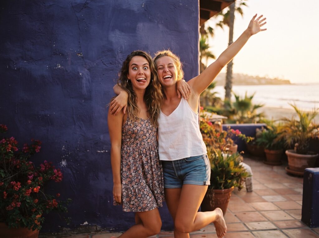 Friends posing at a Huntington Beach photobooth during golden hour