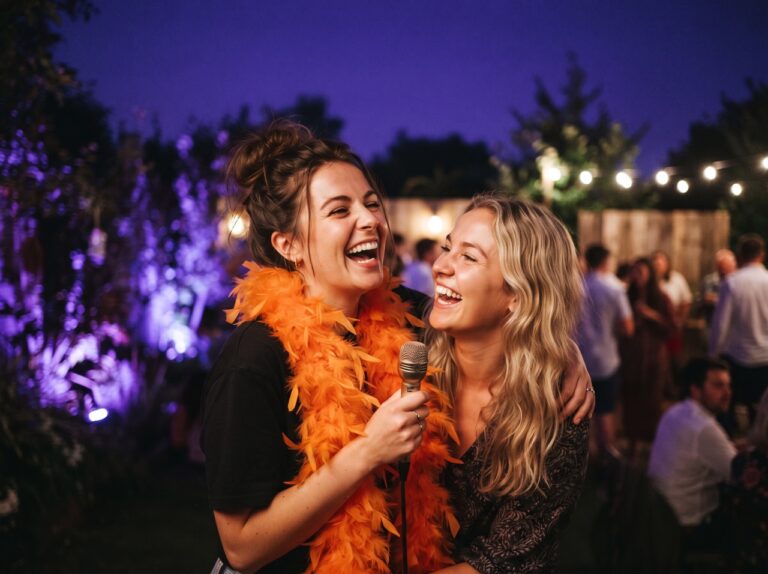 Friends laughing with a feather boa karaoke prop at an Anaheim party