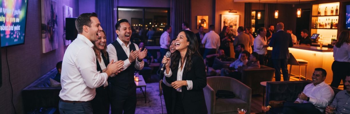 Corporate karaoke lounge event in a Carlsbad hotel hospitality suite