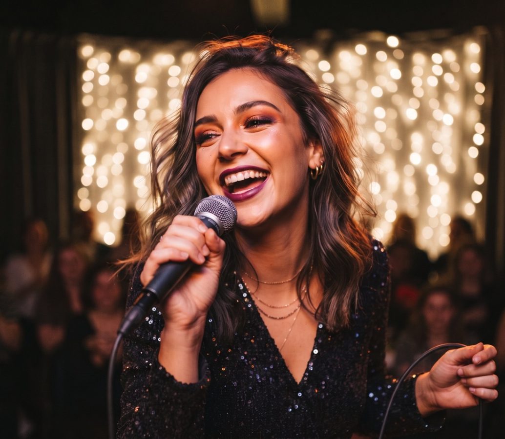 Woman singing karaoke with festive glam makeup at a Long Beach party