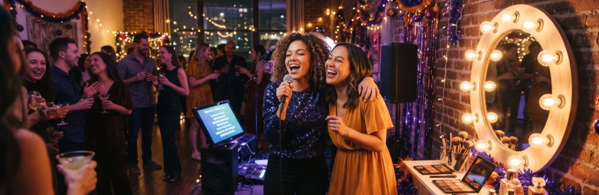 Holiday karaoke party in Long Beach with a glam makeup vanity station