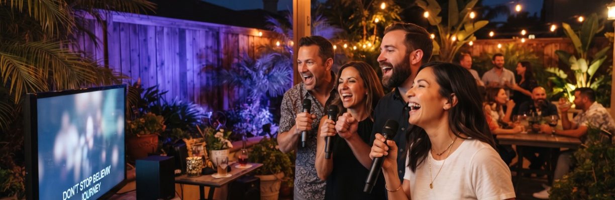 Karaoke rental party in an Anaheim backyard with purple and orange string lighting