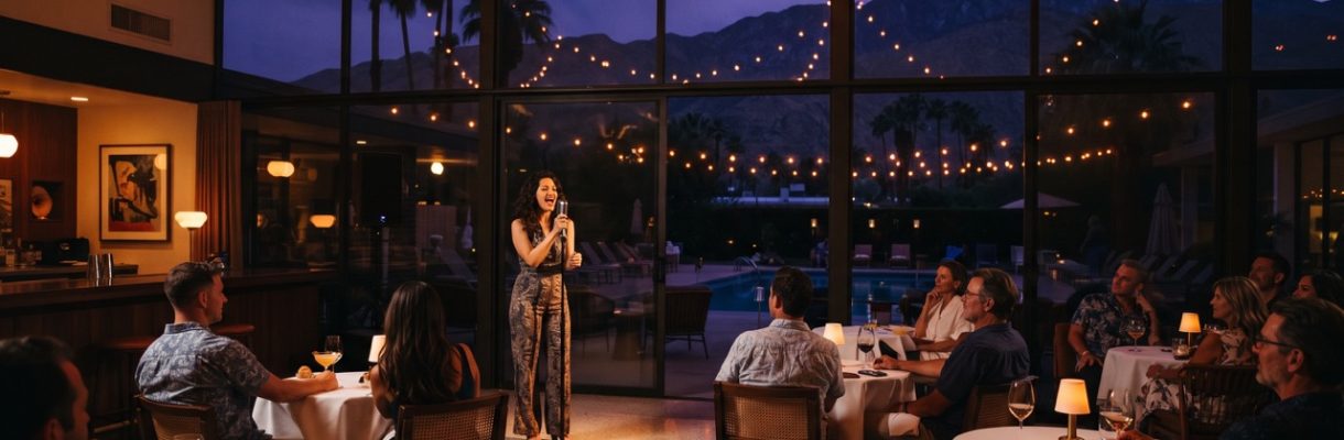 Live karaoke singer performing at a Palm Springs hotel lounge at dusk