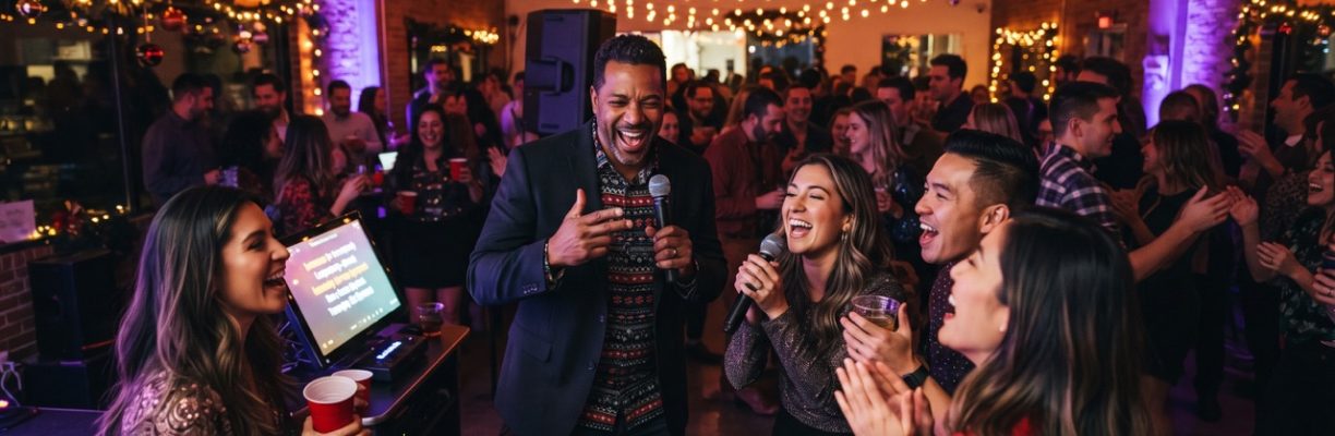 Office holiday karaoke party in Burbank with string lighting